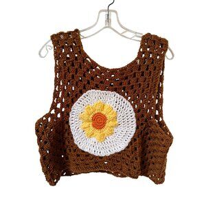Vintage Hand Crocheted Tank Top Brown Size M/L Doilie Sunflower Festival Boho